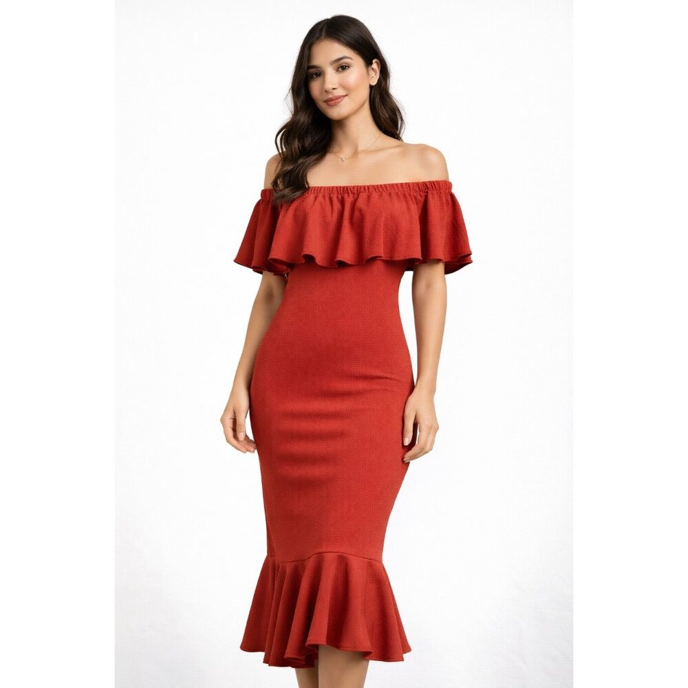 LuLaRoe Off Shoulder Ruffle Midi Dress Red Stretchy Size S NWT